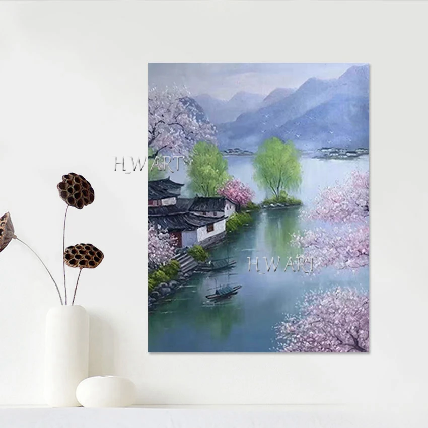 Abstract Mountain Art Picture, Frameless, Home Good Decor, Acrylic Oil Painting, Beautiful Lake Scenery Wall, Canvas Design