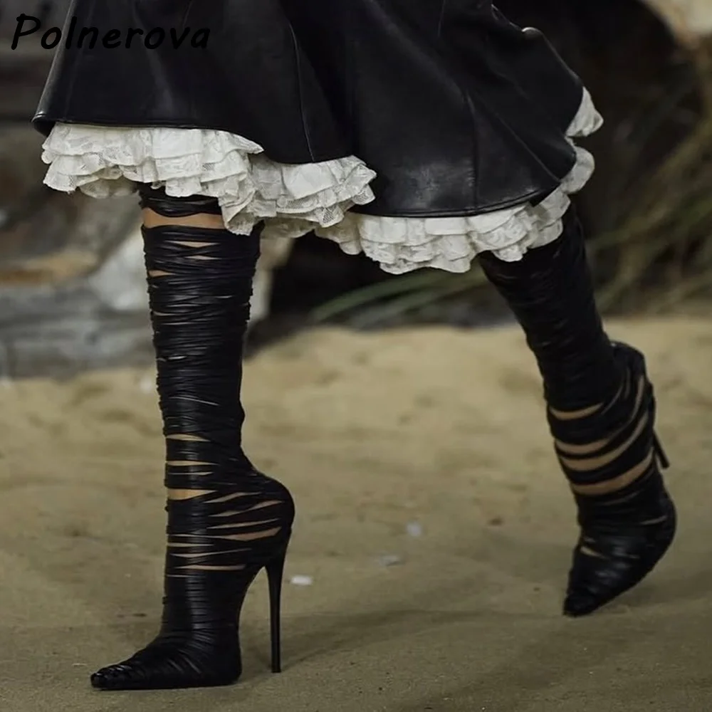 

Narrow Band Hollow Sandals Boots Black Pointy Toe Thin Heels Black Solid Leather Shoes Women's Sexy Runway Stiletto Boots