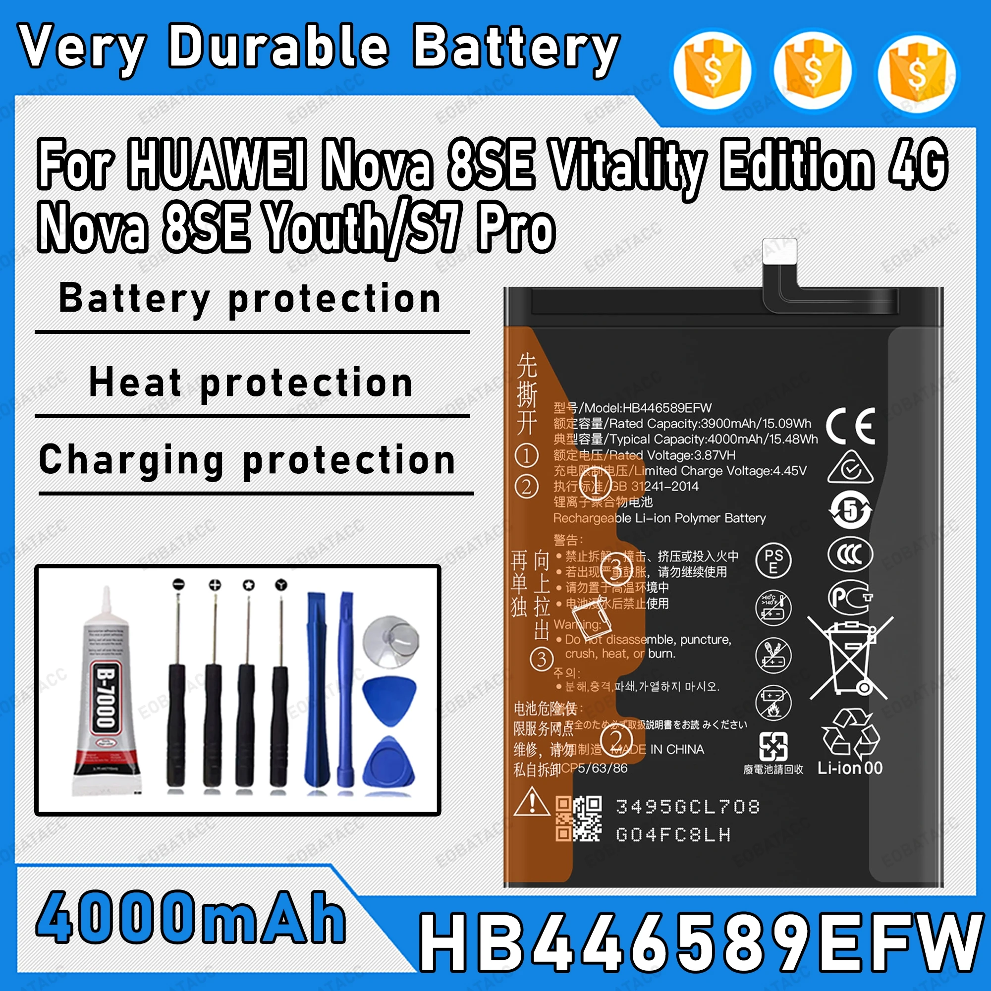 

4000mAh 100% New HB446589EFW Battery For HUAWEl Nova 8SE Vitality Edition 4G/S7 Pro Replacement Bateria+Free Tools