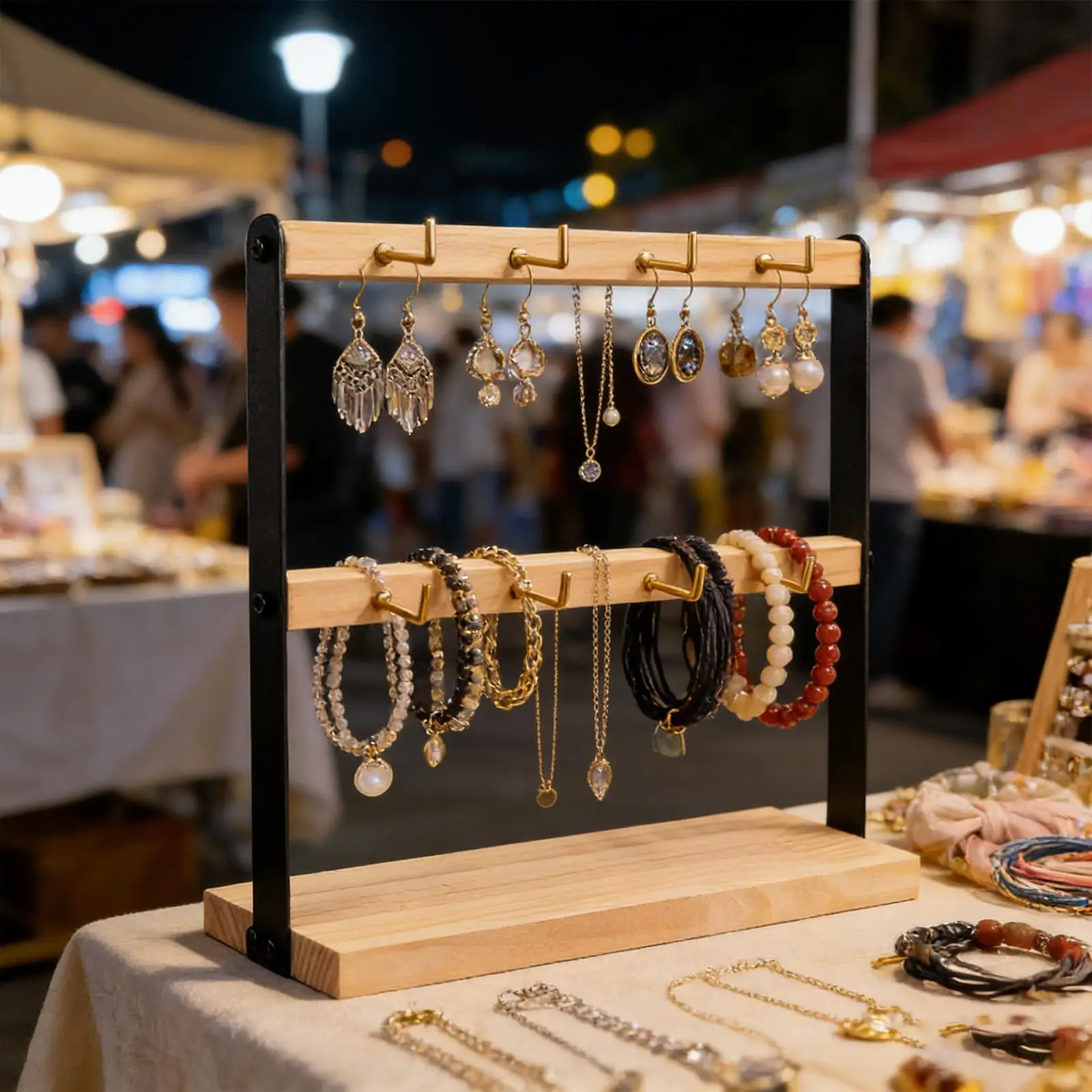 

Earring Display Stand Wood Iron Jewelry Holder Multi Tier Organizer with Hooks Sturdy Storage for Home Craft Fairs