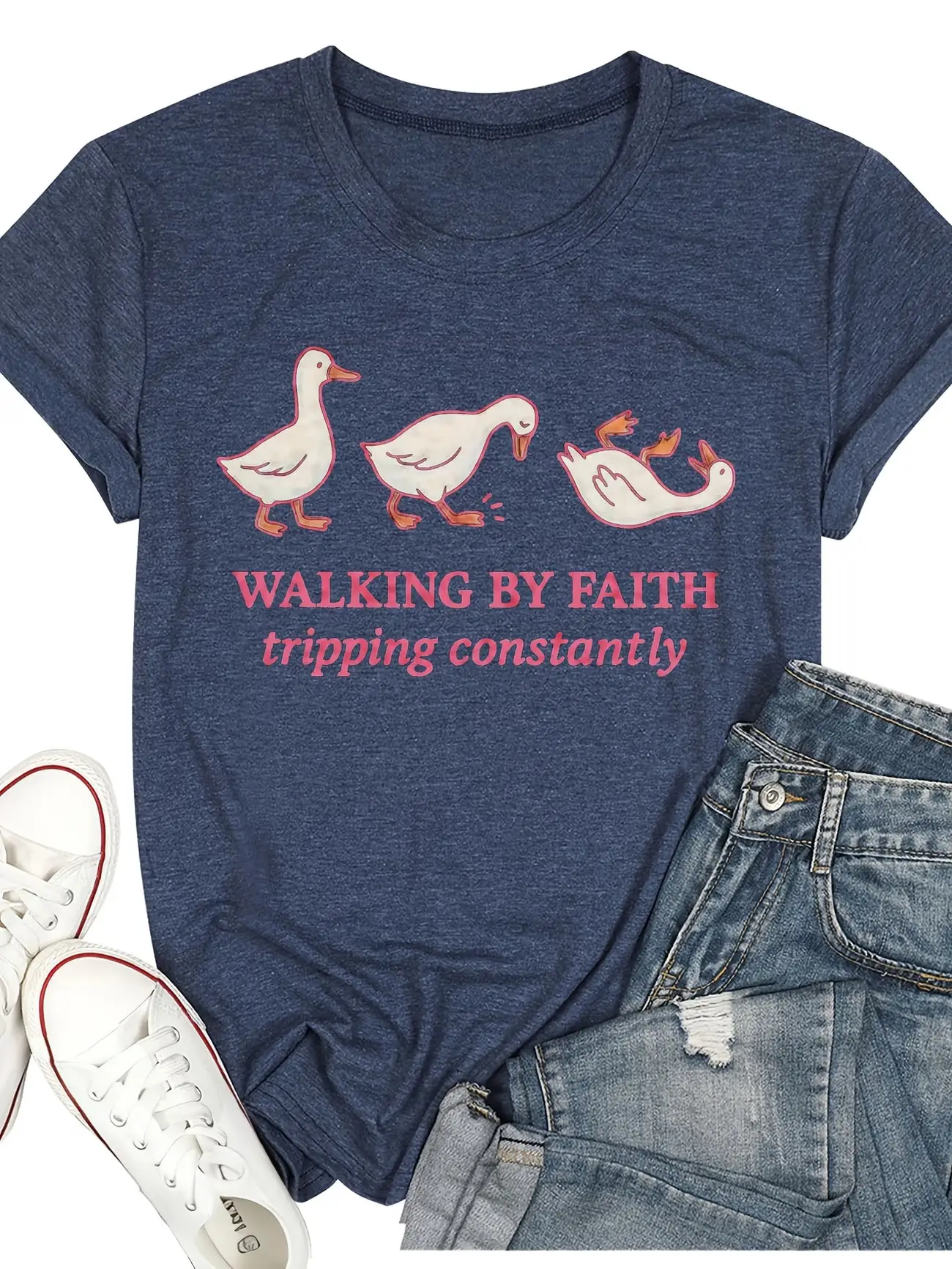 

Plus size women's short sleeve T-shirt Walking Duck Faith Tripping Instantly Everyday comfortable and versatile style summer