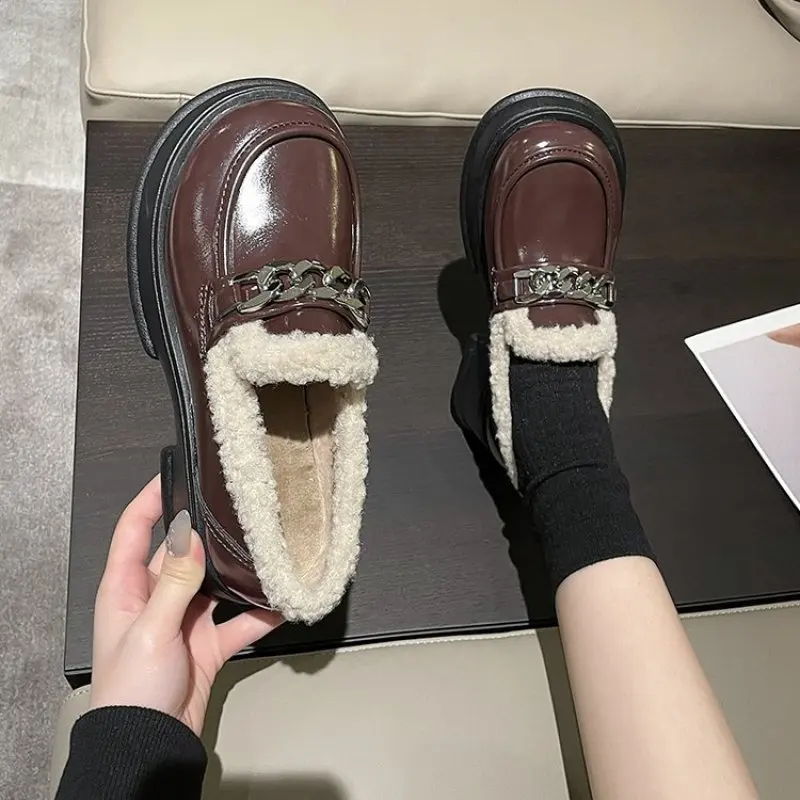 

Casual Woman Shoe Flats Oxfords Round Toe All-Match Clogs Platform Shallow Mouth Loafers With Fur British Style Female Vulcanize