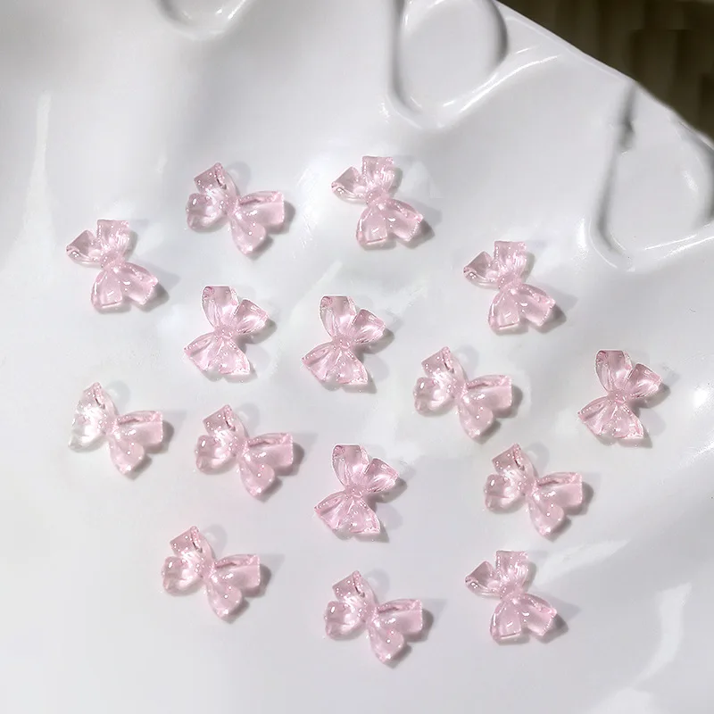 Breloques à ongles 3D nœud papillon ruban rose, 100 pièces, 8x10mm, transparent, nickel é, nœud en cristal, bricolage Kawaii