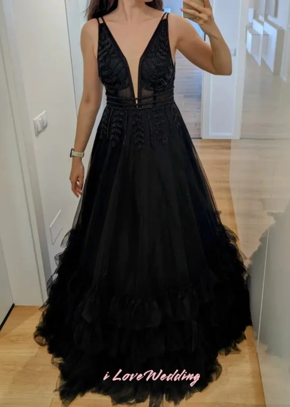 مثير السباغيتي حزام ألف خط فساتين السهرة السوداء الديكور الخامس الرقبة فستان الحفلة الراقصة المطرزة المتدرج فستان الحفلات مفتوح الظهر حسب الطلب #3