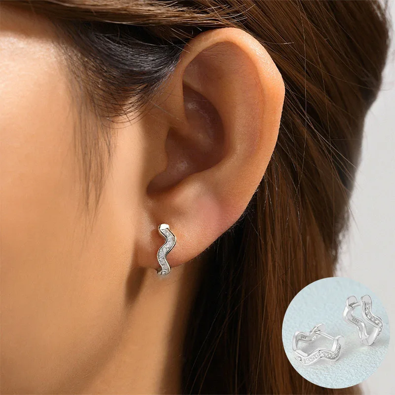 

100% 925 Sterling Silver Zircon Geometric Earrings for Women Girl Fashion Wave Irregular Design Jewelry Party Gift Dropshipping