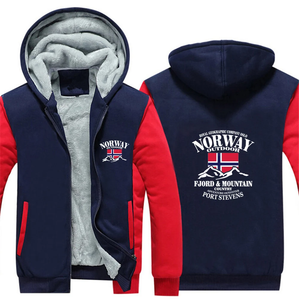 

2025 New Type Autumn And Winter Norway Flag Fjord Mountain Man's Warm Thicken Hoodies Print Patchwork Long Sleeve Jacket Coat