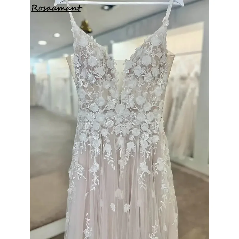 Gaun pengantin A-line V-back tali spaghetti elegan ilustrasi gaun pengantin renda applique bunga vestidos