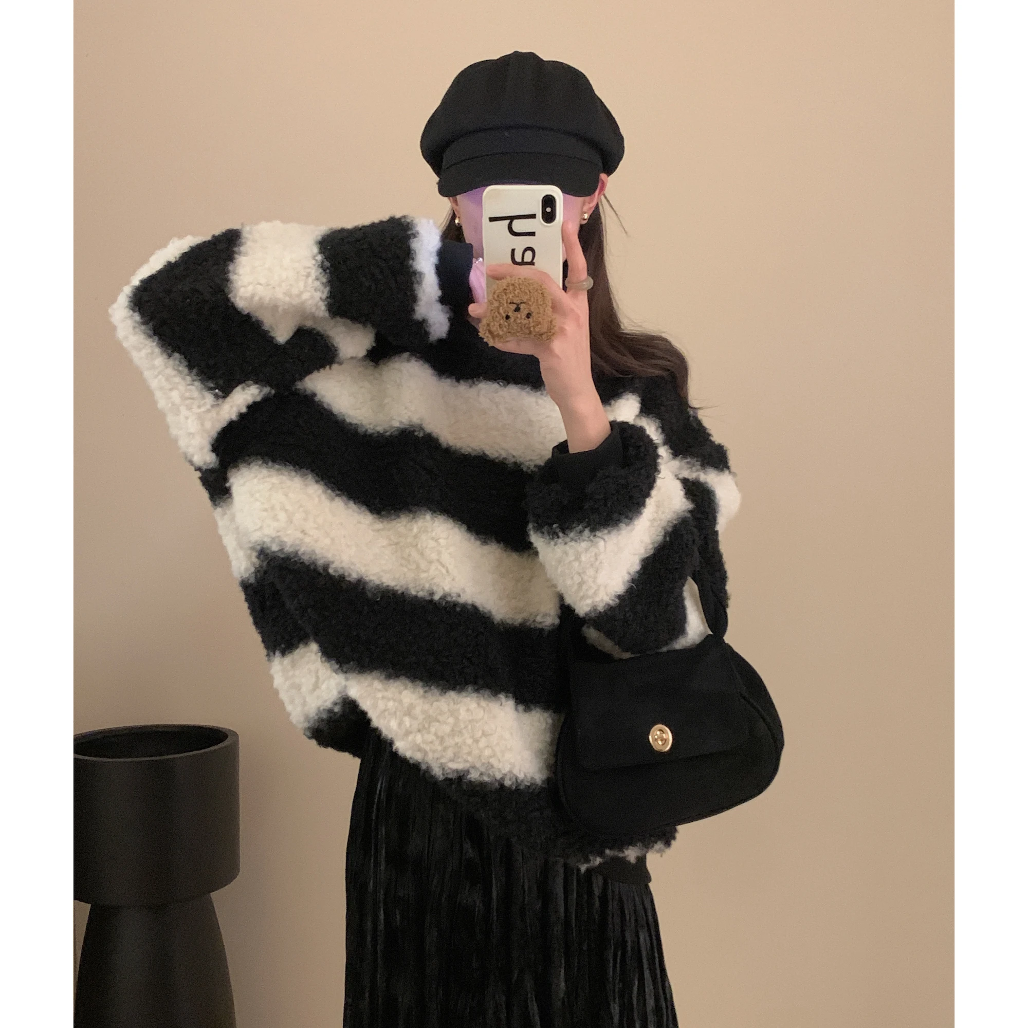 Thiened Lamb Fur Hoodie Stripe Pattern Faionable Autumn Winter Warm Women's Knittedwear Easy Match Casual Street Sle