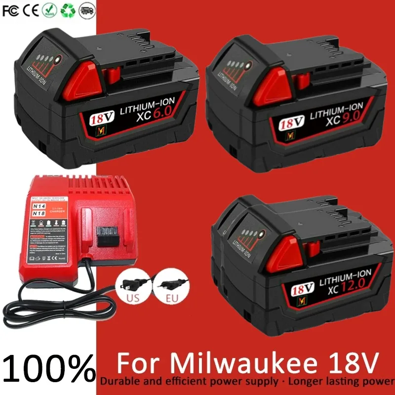 

6000mAH/12000mAH For Milwaukee M18 18V Replacement For Milwaukee M18B5 XC Li-ion battery 48-11-1815 2604-20 48-11-1850 charger