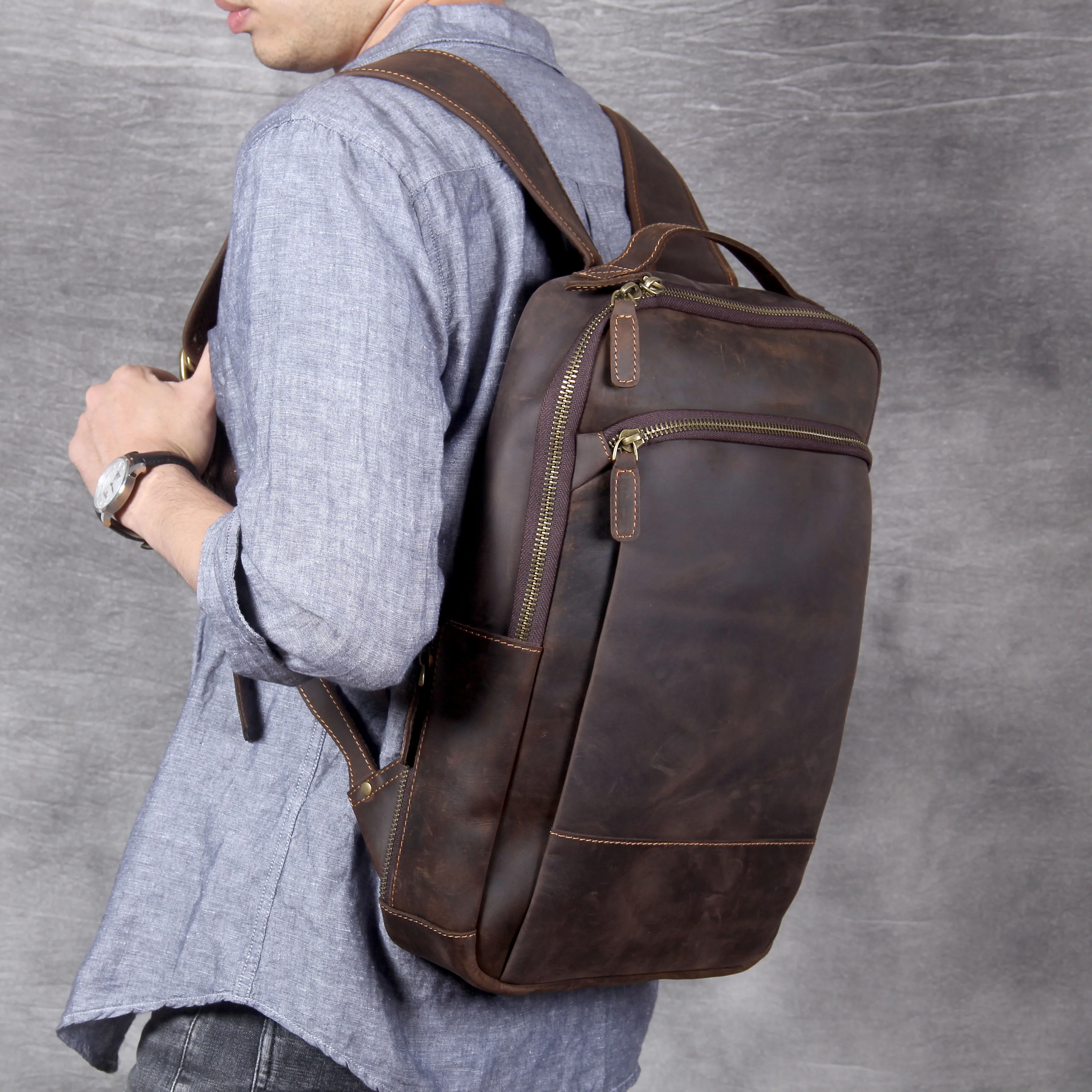 S.WORKER Vintage Echtleder-Rucksack 16“ Laptop-Tasche Crazy-Horse-Leder Schultasche Outdoor-Reise-Weekender-Schultertasche – Detail 5