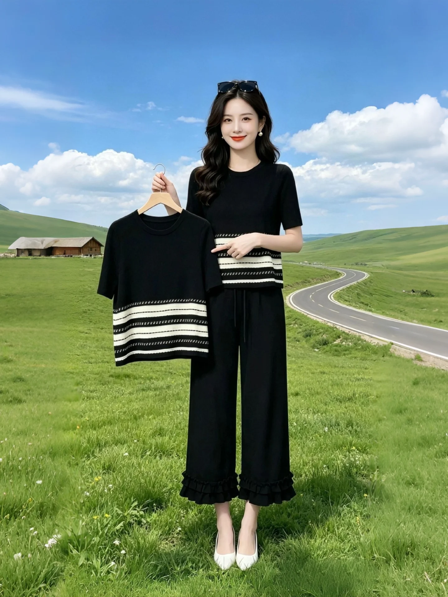 

Summer 2026 Fashionable Korean Style Women's Outfit Loose Wide Leg Pants Short Sleeve Top Breathable Comfortable Two Piece Set
