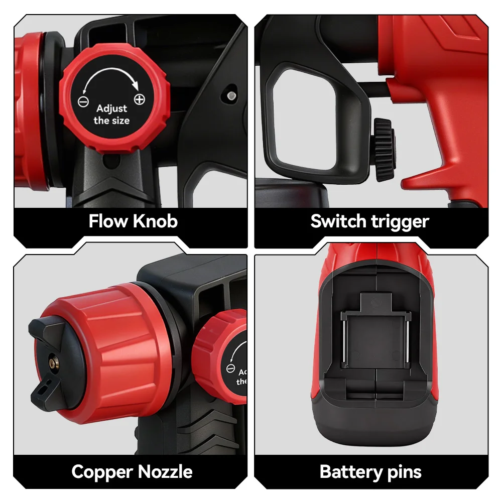 ONEVAN 1400ML Elektrische Spritzpistole, kabellos, tragbar, für Wand- und Geländeranstriche, Haushaltswerkzeug mit 5 Düsen, kompatibel mit Makita 18V Akku. – Detail 12