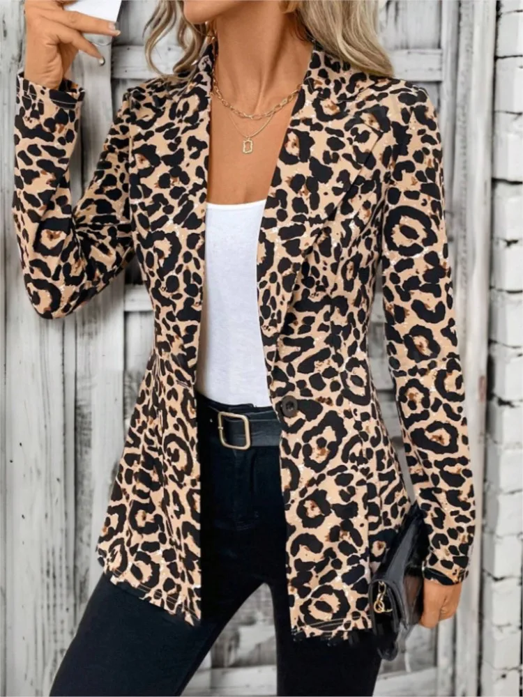 Fashion Leopard Print Blazer Slim Women Suit Autumn Casual Houndstooth Notched Lapel Single Button Coats 2024 New Jacket Female