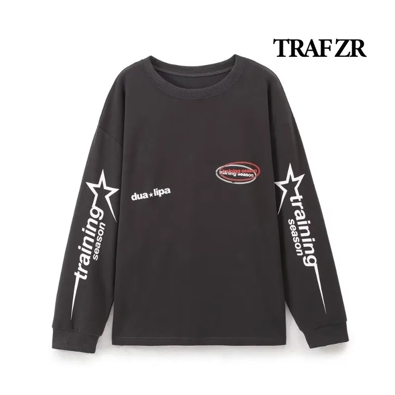 TRAF ZR Grey Print  O-neck Sweatshirts Harajuku Fashion Fall T-shirts Loose Fit Long Sleeve T-shirts Autumn Y2k Sweatshirt