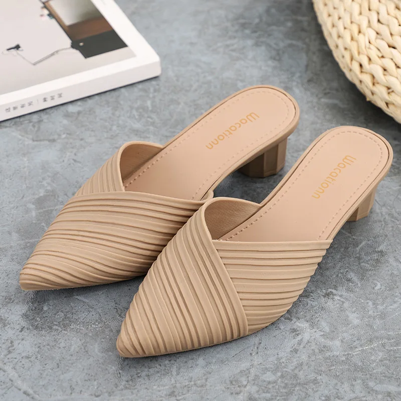 Women's New Pointed Half Slippers Net Red Envelope Head Lazy Sandals Cool Dragging Single Shoes