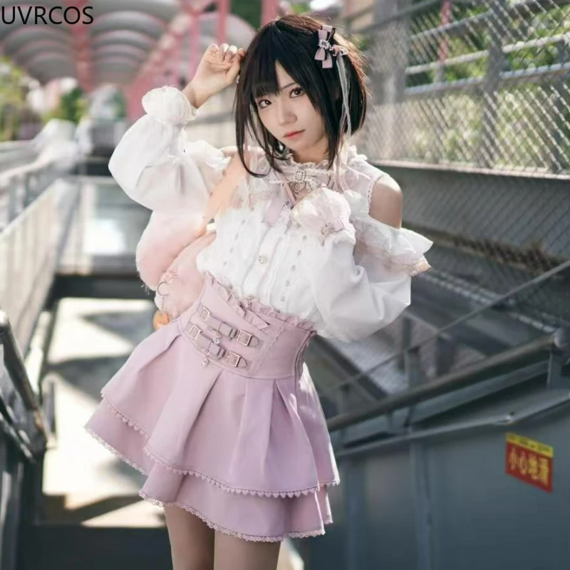 2025 اليابانية Kawaii تنورة قصيرة مجموعات الحلو الكشكشة قبالة الكتف القوس قميص ثوب Faldas Y2k التنانير الصغيرة الجمالية لوليتا مجموعة كاملة #5