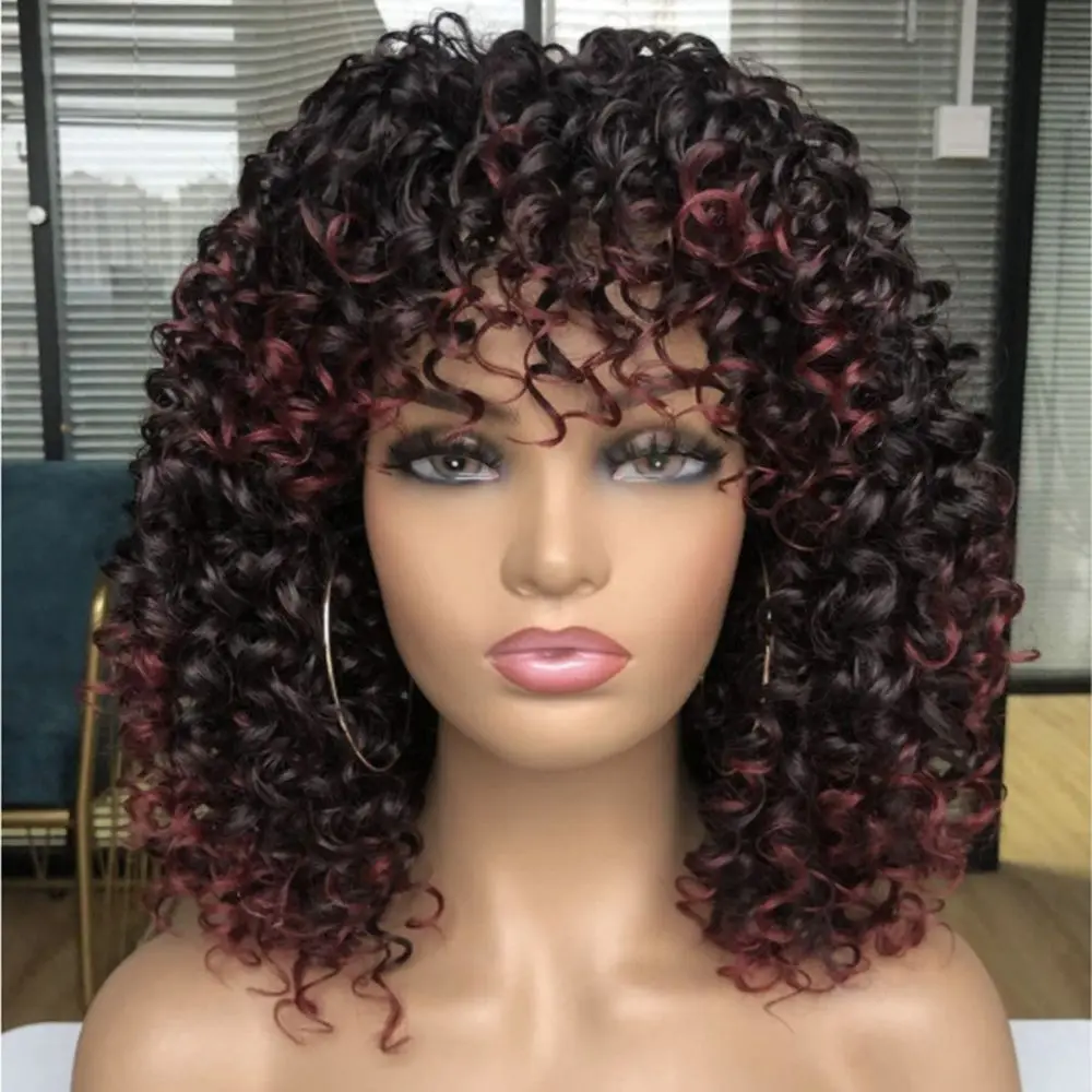 Krótka peruka Afro Kinky Curly Syntetyczne peruki dla kobiet Moda Pełna peruka z grzywką Afrykańskie kobiety Włosy Peruka Brazylijski Fantazyjny