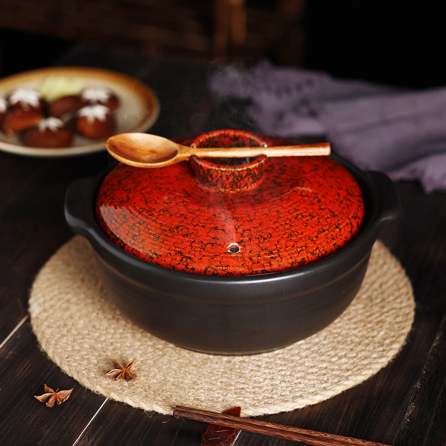 Red Spot Colored Glazed Chinese Style Retro Clay Pot, Gas Stew Pots,Soup Casseroles,High-temperature Resistant Ceramic Cookware