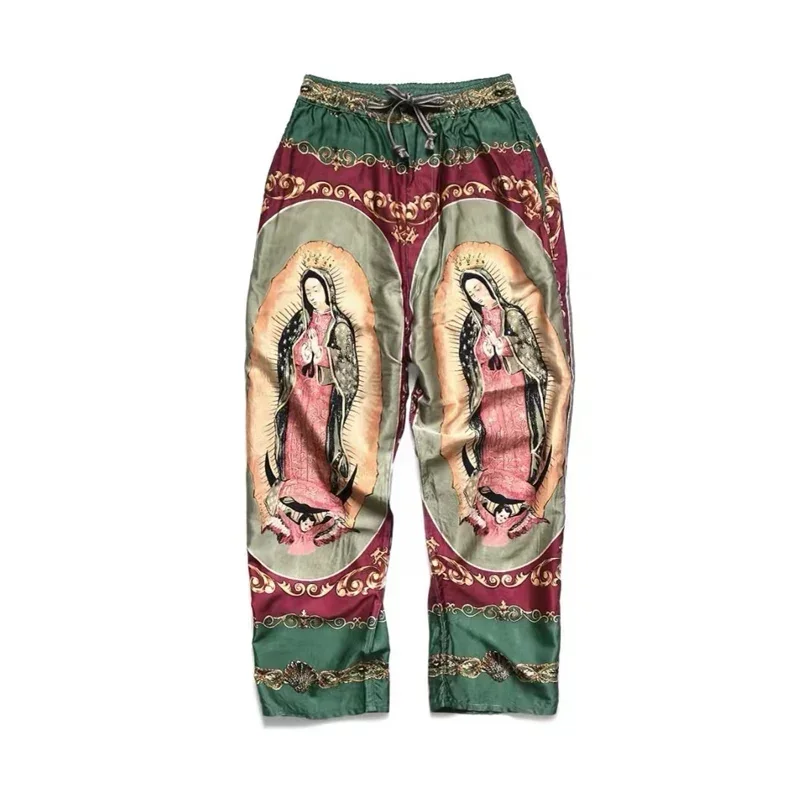 Kapital Japanese Rayon Virgin Mary Pattern Men\'s and Women\'s Breathable Casual Pants Summer Printed Fashion Loose Trousers