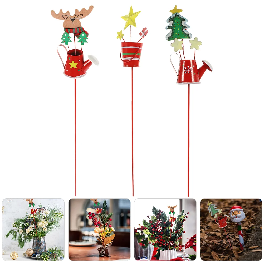 

3pcs Christmas Garden Stake Metal Kettle Yard Sign Plant Pot Insert Decor Easy Install Outdoor Lawn Pathway Driveway Xmas Style