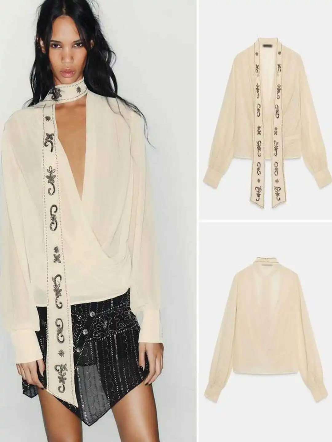 Écharpe perlée décorative longue Sve v-ne f Transparent Double bouton avant irt français Sle coupe ample régulière mince