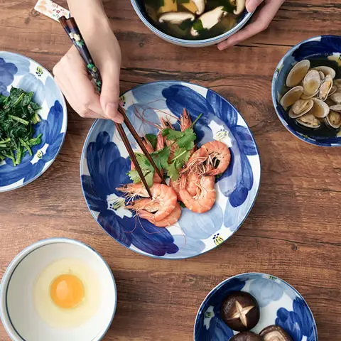 

Japanese-style tableware set with blue dyed flowers, bowls and plates, Japanese rice bowls, plates and soup bowls dishes