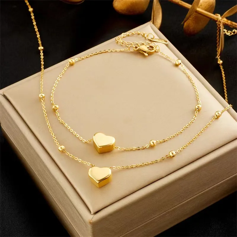 316L Stainless Steel Gold Color Heart Love Chain Necklace Bracelets For Women Girl New Fashion Non-fading Jewelry Set