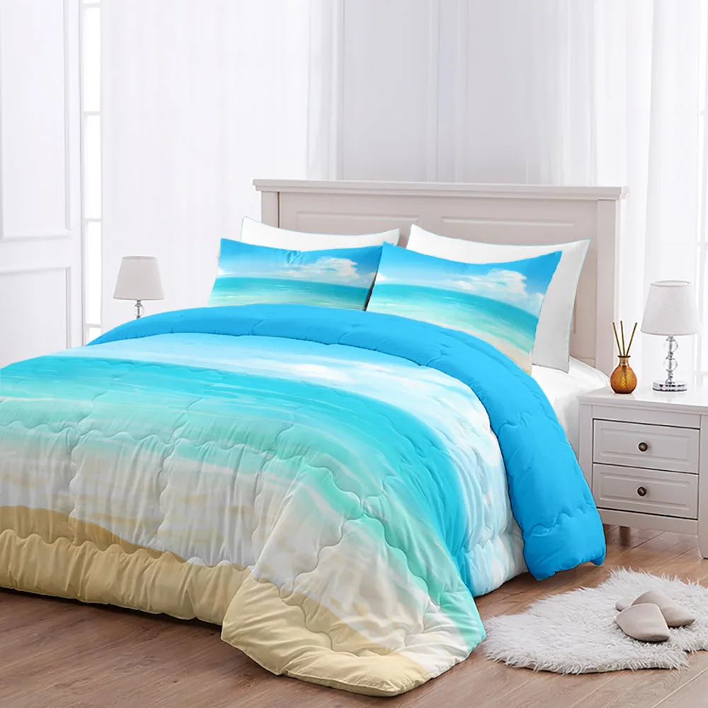 

Seashore Coastal Blue Comforter Set Full Twin Size Bedspread Pillow Cases Duvet Set