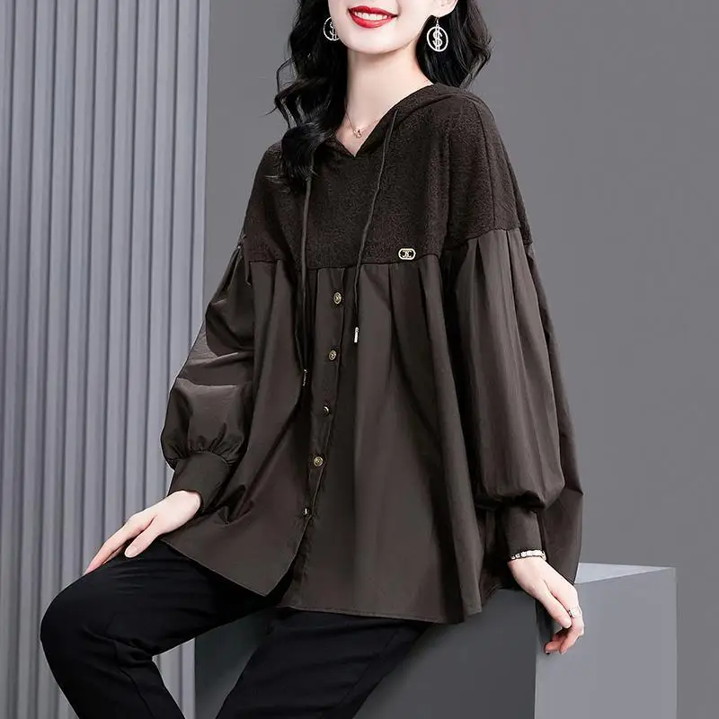 

Fashion Spliced Folds Asymmetrical Hooded Blouses Women's Clothing 2023 Autumn Winter Loose Casual Tops Lantern Sleeve Shirts