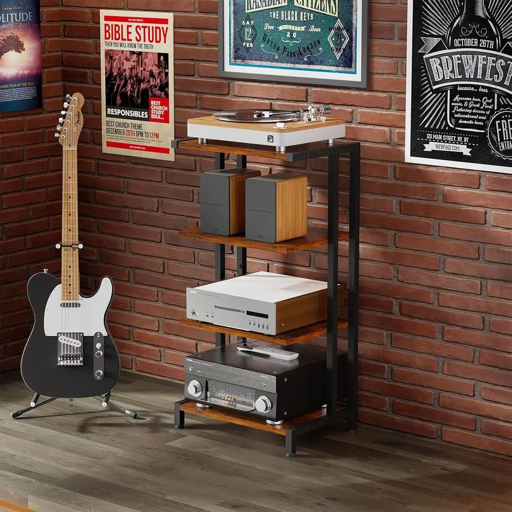 16.5 Small 4-Tier Narrow AV Media Stand Wooden Shelves Stereo Cabinet Audio Rack Stand Perfect for Small DVD Players, Game Conso