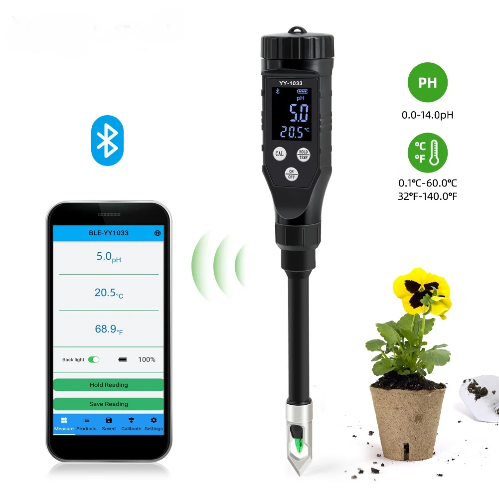 

Bluetooth Soil PH Meter 0.0~14.0pH Soil Tester Data Logger Temp Acidity Analyzer for Home Hydroponics Planting Garden Farmland