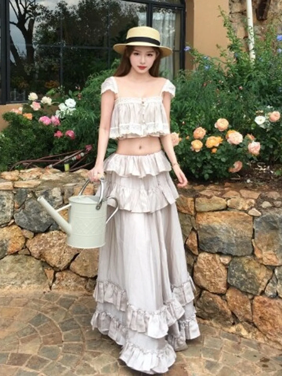 

Beach Vacation Style Women's Two-Piece Set Short Sleeve Crop Top And High Waist Skirt Comfortable Cotton Summer Outfit