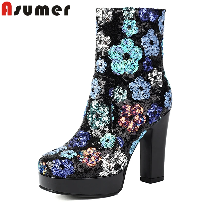 

ASUMER Plus Size 35-42 New Ankle Boots For Women Block High Heels Round Toe Platform Boots Sequined Cloth Autumn Winter Shoes