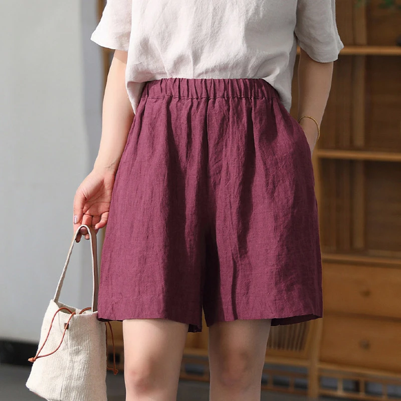 

100% Linen Women Knee Length Casual Pants New Arrival 2025 Summer Vintage Style Solid Color Female Straight Short Pants M1667