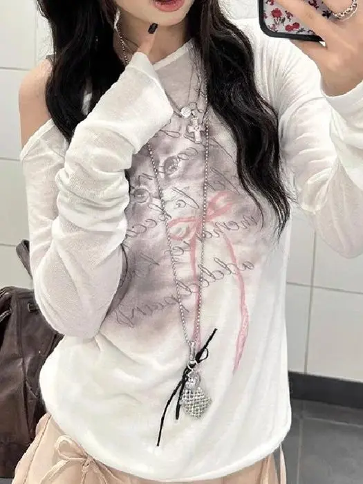 한국 스타일 프린트 마이크로 시스루 원숄더 자외선 차단 커버업 티셔츠 여성 여름 신상 순수한 매력 자외선 차단 어깨 탑