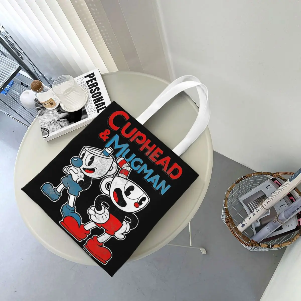 Cuphead & Mugman Dynamic Duo Sac fourre-tout en toile pour femme, sac d'épicerie grande capacité, sacs d'école