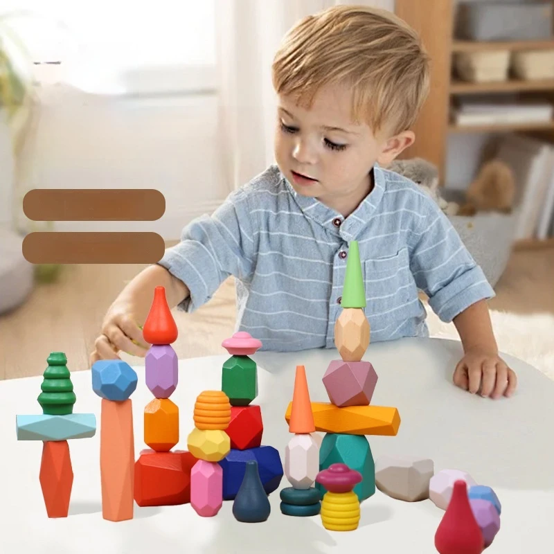 Child Puzzle Wooden Colored Stone Stacking Balance Stacking Stone  Block Toys Enlightenment Early Education Building Block Toys