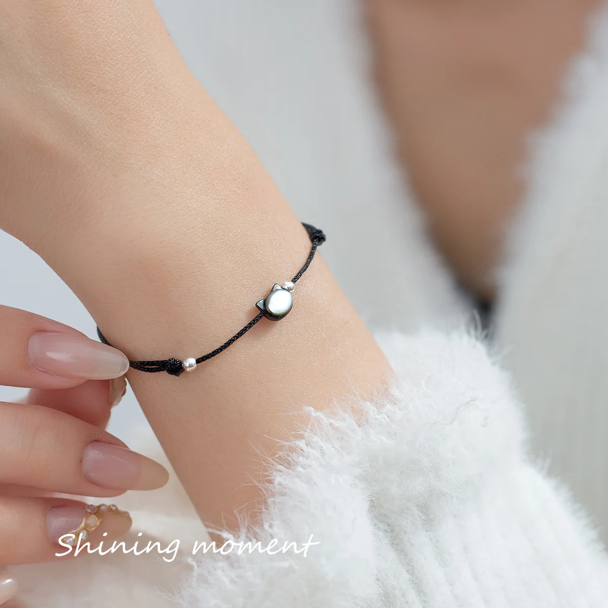 RYJU 925 Sterling Silver Shell Lovely Cat Black Handmade Woven Bracelet Popular Design Female Jewelry Versatile Charm Bracelet