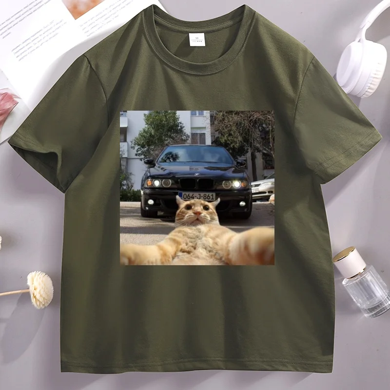 Selfie Cat T-Shirt Funny Car Lover Graphic Tee Men Women Casual Cotton Short Sleeve Round Neck T Shirt Streetwear Loose Clothes