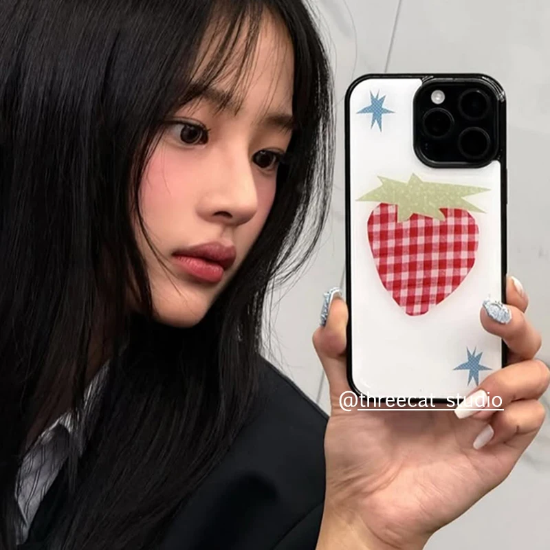 Coreano ins retro vermelho branco xadrez morango criativo kawaii caso de telefone para iphone 16 15 14 13 12 11 pro max plus y2k capa