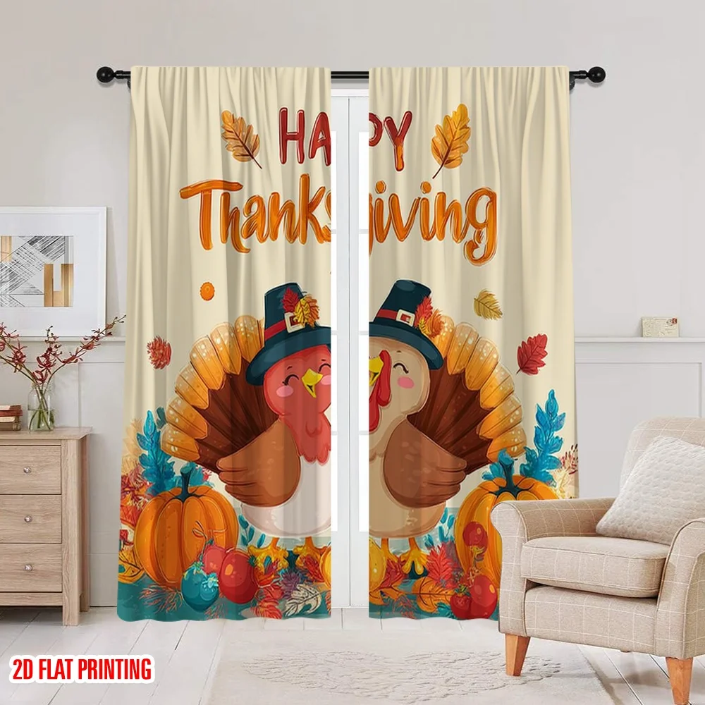 2 قطعة طباعة مسطحة ثنائية الأبعاد ستائر نافذة عيد القديس باتريك السعيد كارتون تركيا _ أوراق الخريف والقرع-قماش الخريف بدون #5