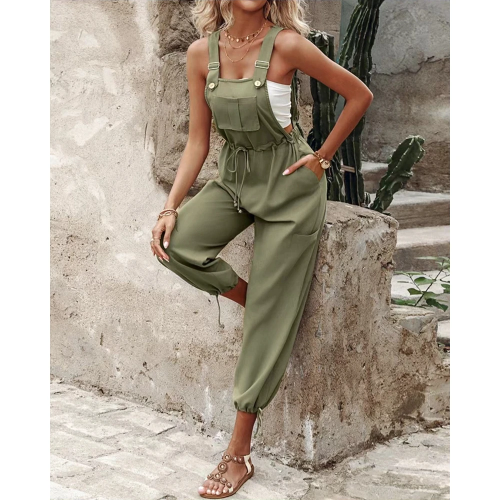 Autumn Summer Women Side Pockets Drawstring Waist Cropped Cargo Pants Steetwear Casual Adjustable Strap Women Pants Clothing