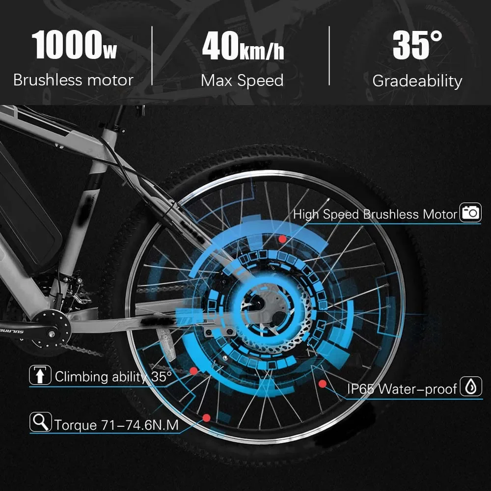 1000W Fat E-Bike Conversion Kit 50KM/H Maximum Speeds Rear Hub Motor Fat Bike Electric Conversion Kit Lithium Battery for Adults