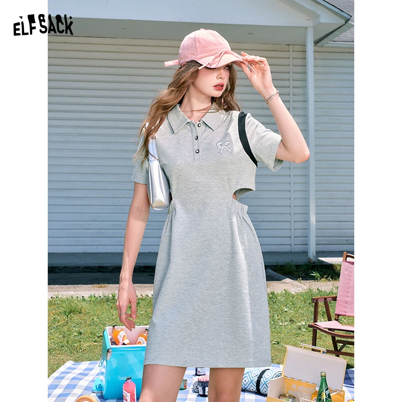 

ELFSACK 2024 summer new arrival Gray lapel hollow casual sports style small size slim skirt T-shirt dress for women