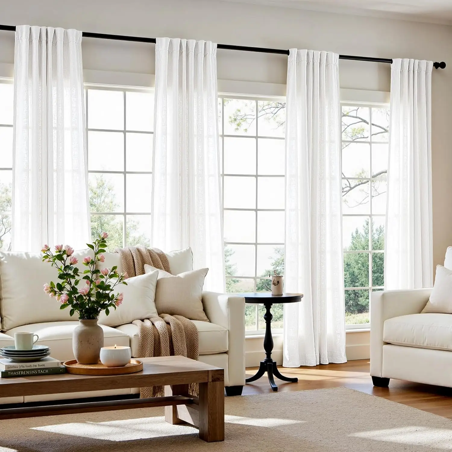 

Linen Curtains 50W x 108L Inch Off White for Living Room Farmhouse Curtains Clip Rings Back Tab Rod Pocket Drapes 4-Pane