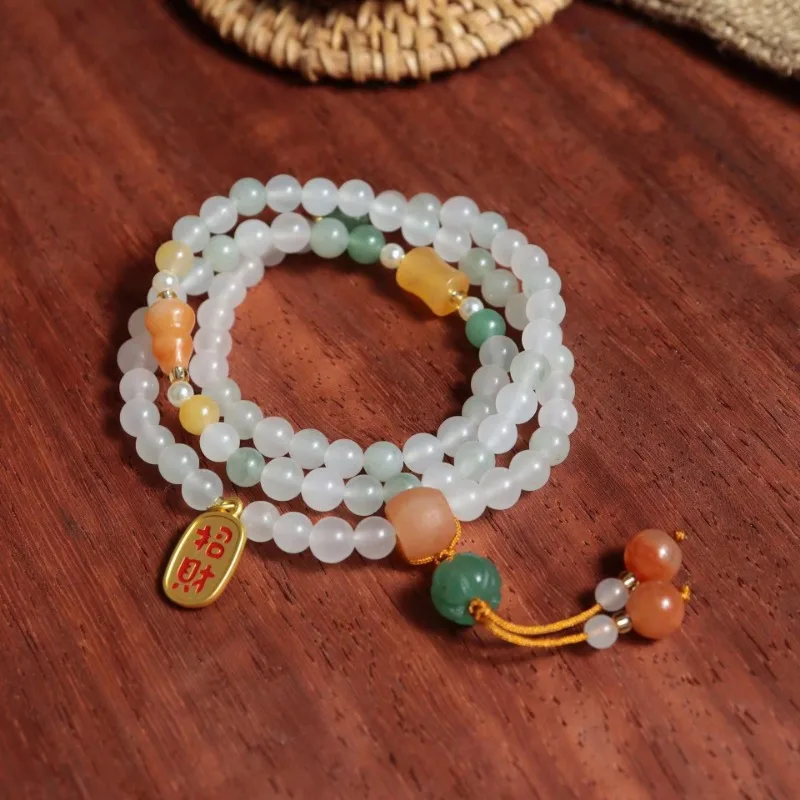 Natural Tianshan Green Jade Bracelet, White Jade Round Bead Multi-circle Flower Bracelet.