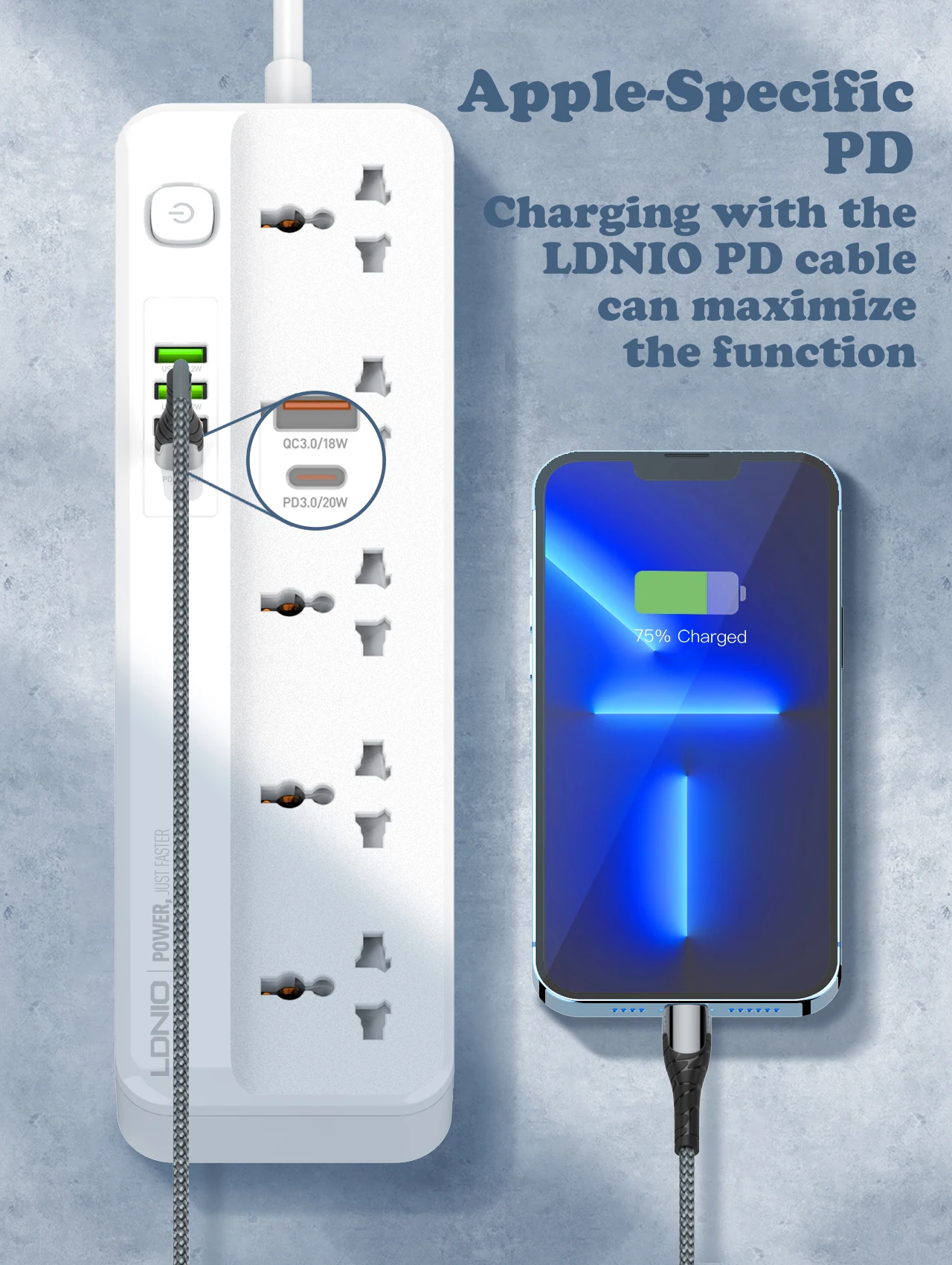 LDNIO Multi Tap Uniwersalna wtyczka EU US UK Listwa zasilająca z 2-metrowym przedłużaczem AC Typ C Port USB Ładowanie Gniazdo elektryczne