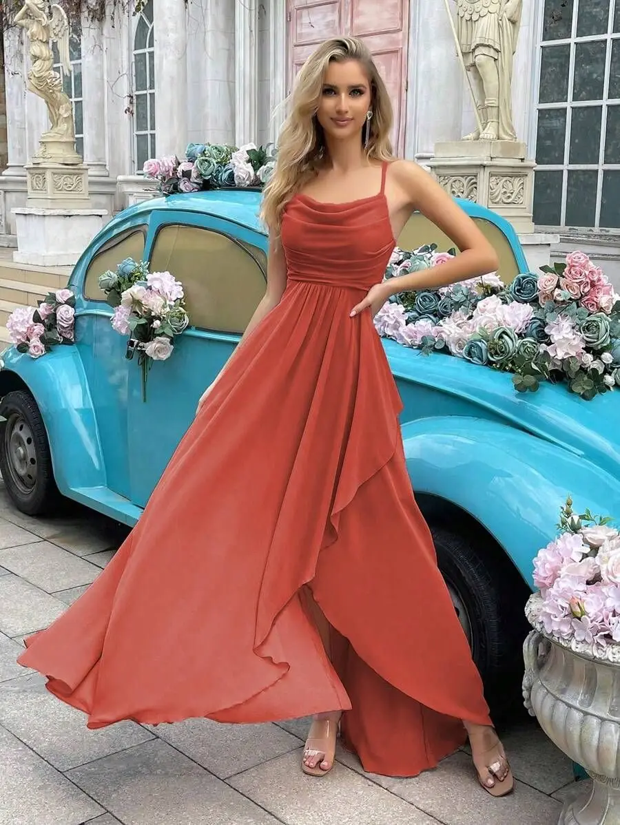 Chiffon Spaghetti Straps Elegant Bridesmaid Dresses Simple A-line Side Slit Ruffles Party Dress Backless Long Wedding Guest Gown