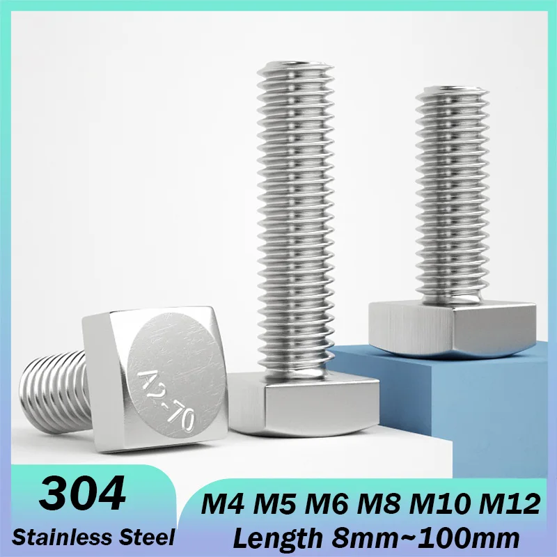 304 Stainless Steel GB35 M4 M5 M6 M8 M10 M12 Square Head Bolt Full Thread Square Head Bolt Length 10mm~100mm
