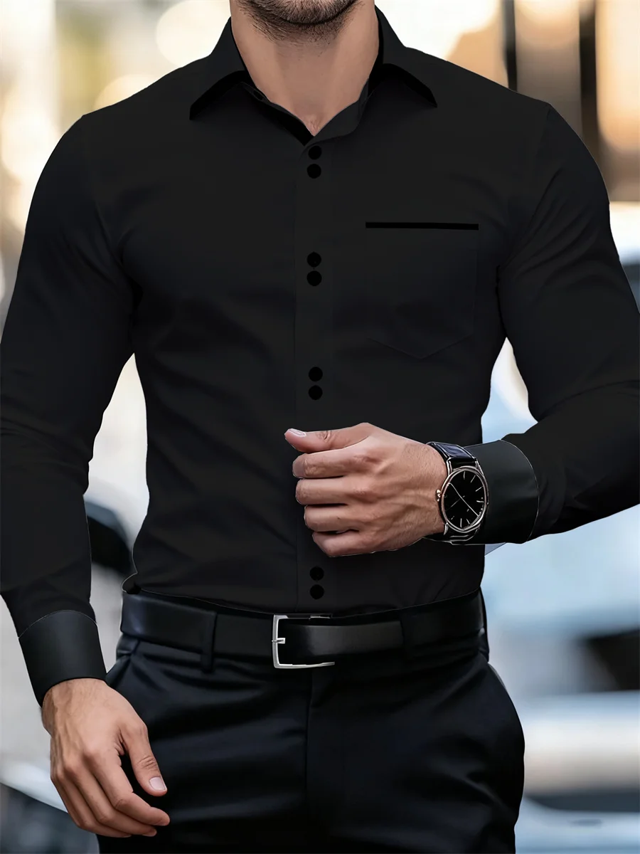 Men's Business Color Block Collar Long Sleeve Shirt, Slim Fit, Wrinkle-Free, Black and White Patchwork Shirt, Men's Fashion Top - Image 6